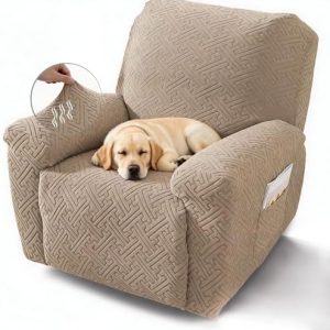 NORTHERN BROTHERS Recliner Chair Covers for Kids & Pets - Soft Stretch 1 Seater Slipcovers with Storage Pockets, Khaki,