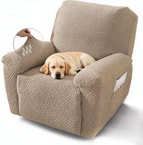 NORTHERN BROTHERS Recliner Chair Covers for Kids & Pets - Soft Stretch 1 Seater Slipcovers with Storage Pockets, Khaki,
