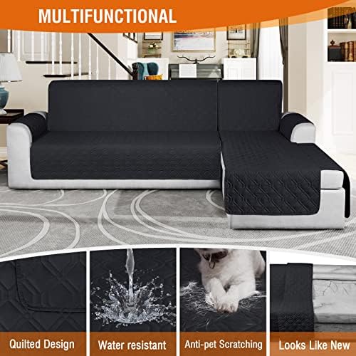 VANSOFY 100% Waterproof L Shaped Sofa Cover for Pets | Reversible Chaise Lounge Protector | Large Black Sectional Couch