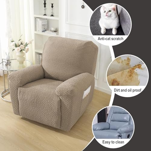 NORTHERN BROTHERS Recliner Chair Covers for Kids & Pets - Soft Stretch 1 Seater Slipcovers with Storage Pockets, Khaki,
